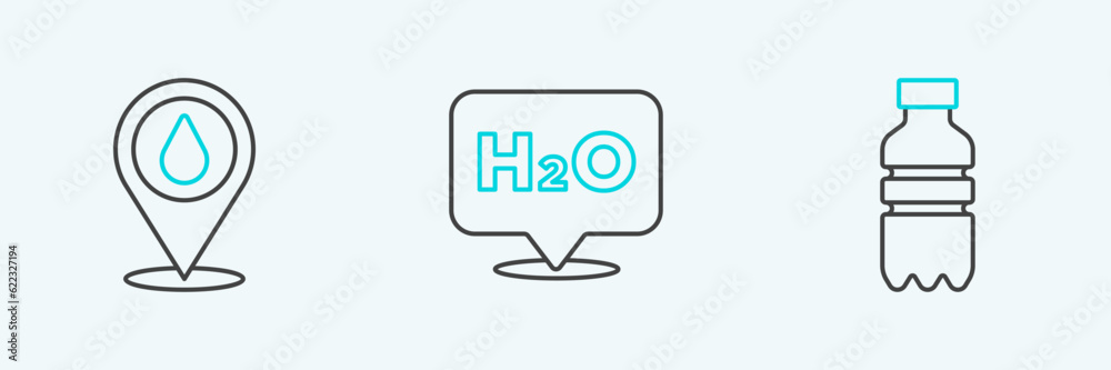 Set line Bottle of water, Water drop with location and Chemical formula for H2O icon. Vector
