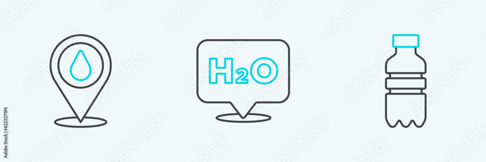 Set line Bottle of water, Water drop with location and Chemical formula for H2O icon. Vector Set line Bottle of water, Water drop with location and Chemical formula for H2O icon. Vector