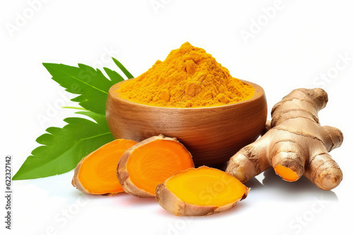 Dry turmeric powder in wooden bowl with fresh turmeric root sliced isolated and green leaves on white background , Created with generative AI