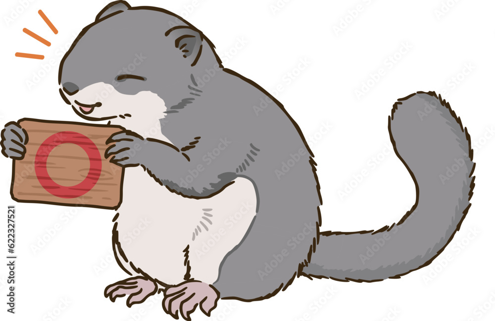 Obraz premium 丸マークを描いた看板を持つエゾモモンガ