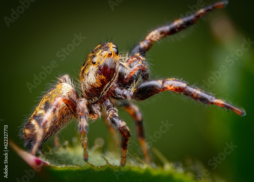Macrophotography of a small jumping spider. Extremely close-up and details.