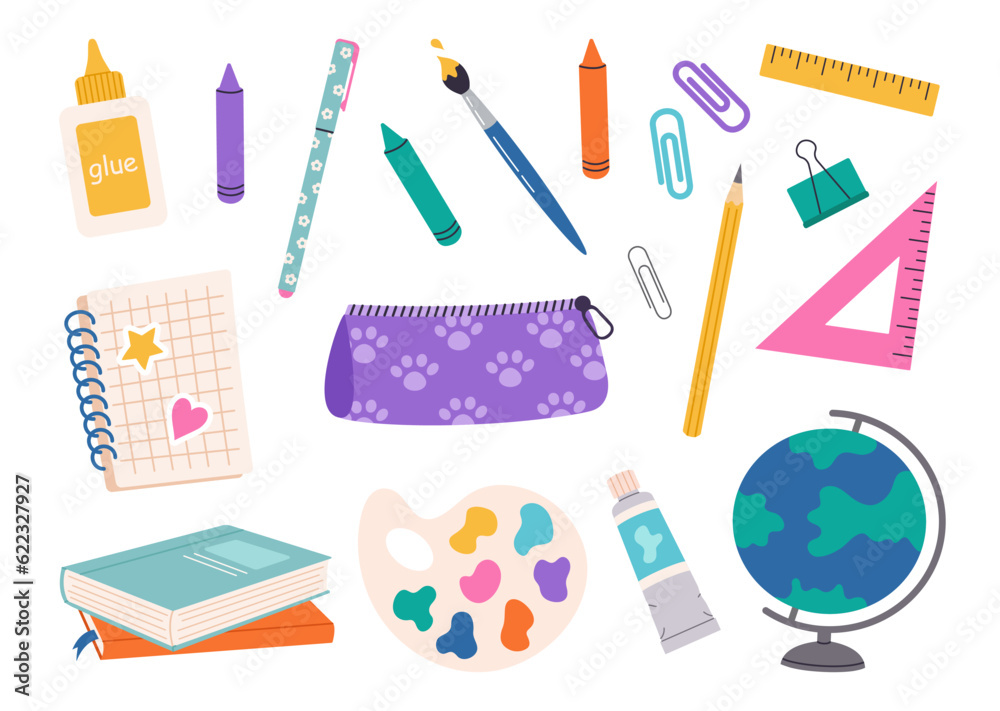 Vector school supplies set. Back to school. Hand drawn stickers school stationery. Cartoon illustration in a flat style on a white background. Vector school supplies set. Back to school. Hand drawn stickers school stationery. Cartoon illustration in a flat style on a white background.