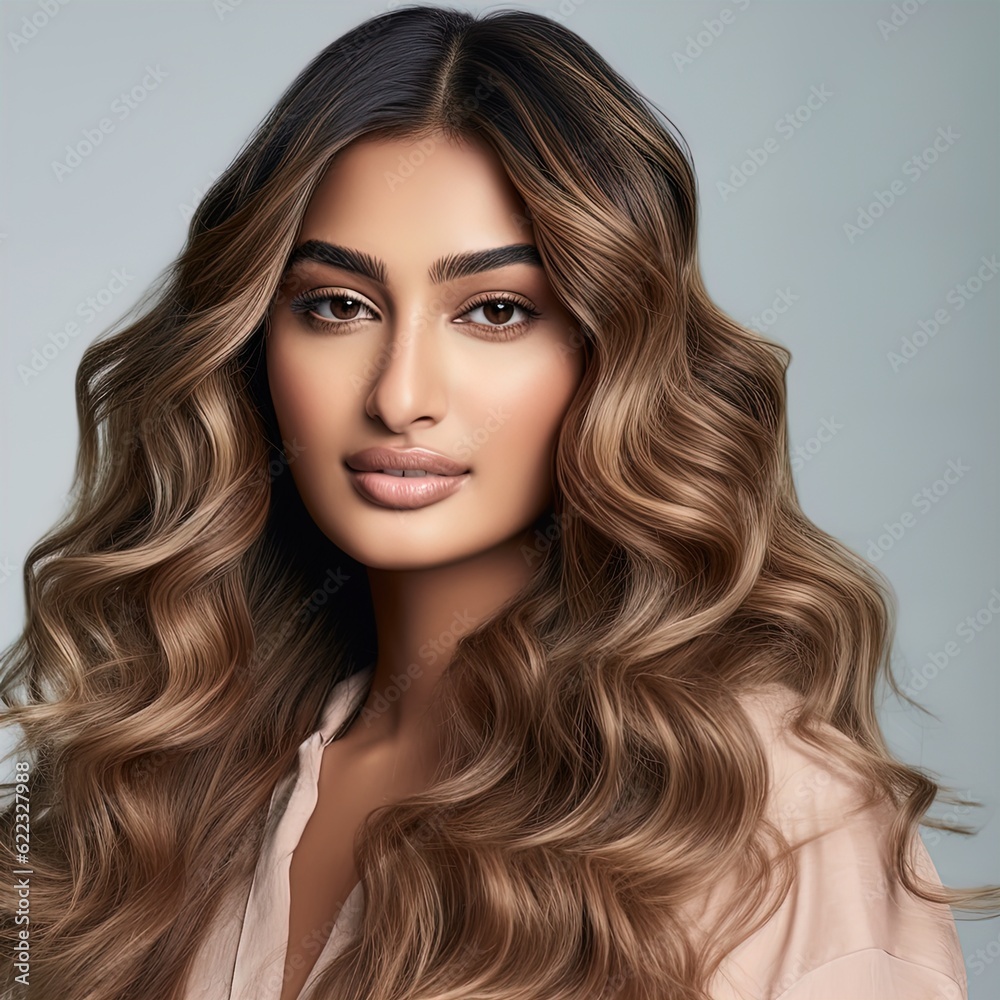Fototapeta premium Gorgeous brunette woman with auburn highlights in her hair. Great for articles about beauty, hair fashion, salon, cosmetics, skin care, hair care, hair products, fashion, trends, grooming etc.