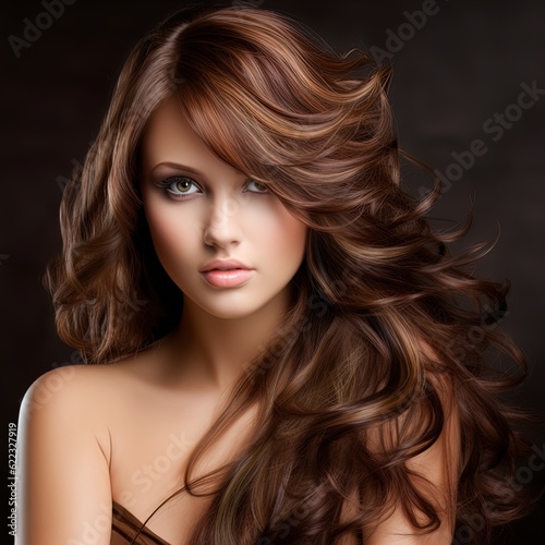 Gorgeous brunette woman with auburn highlights in her hair. Great for articles about beauty, hair fashion, salon, cosmetics, skin care, hair care, hair products, fashion, trends, grooming etc.