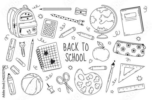 School supplies set. Back to school. Globe, notebook, backpack, pencils, pen and other. Hand drawn doodle vector illustration.