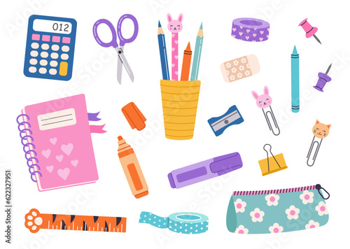 Vector school supplies set. Back to school. Hand drawn cute stickers school stationery. Cartoon illustration in a flat style on a white background.