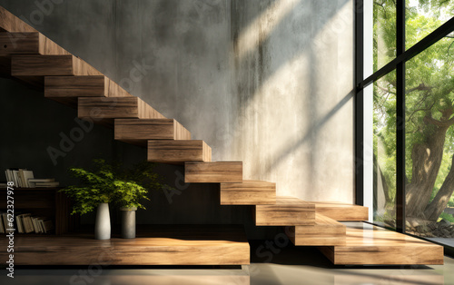 Fotografering Close-up of wooden stair winders, elegant design with granite base, sunlit tropical tree against polished concrete wall—an ideal 3D loft interior design background