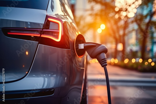 Power supply connect to electric vehicle car charging station for charge EV battery , Clean energy , EV fuel Plug in hybrid car , Created with Generate Ai Technology