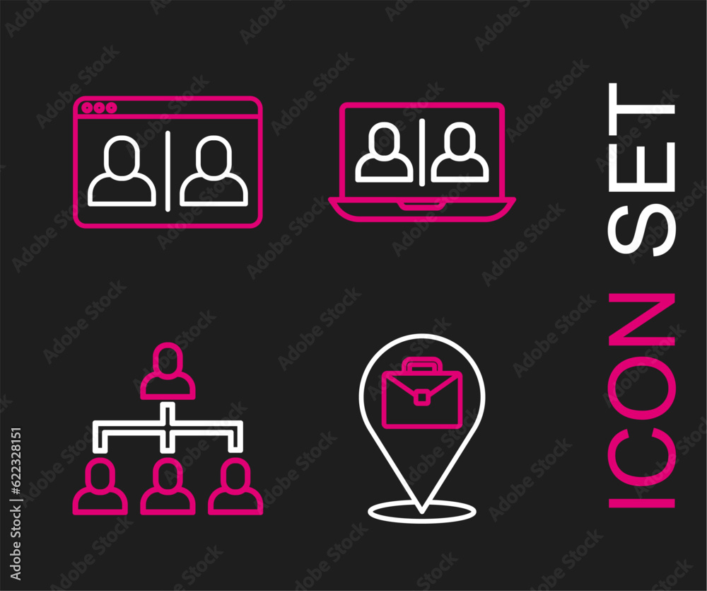 Set line Online working, Hierarchy organogram chart, Video chat conference and icon. Vector Set line Online working, Hierarchy organogram chart, Video chat conference and icon. Vector
