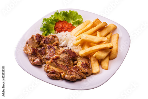 chicken thighs with french fries. isolated white background