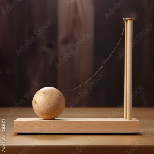 Wooden seesaw scale empty on wooden sphere on wood table