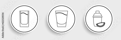 Set line Cocktail shaker with lime, Shot glass and icon. Vector