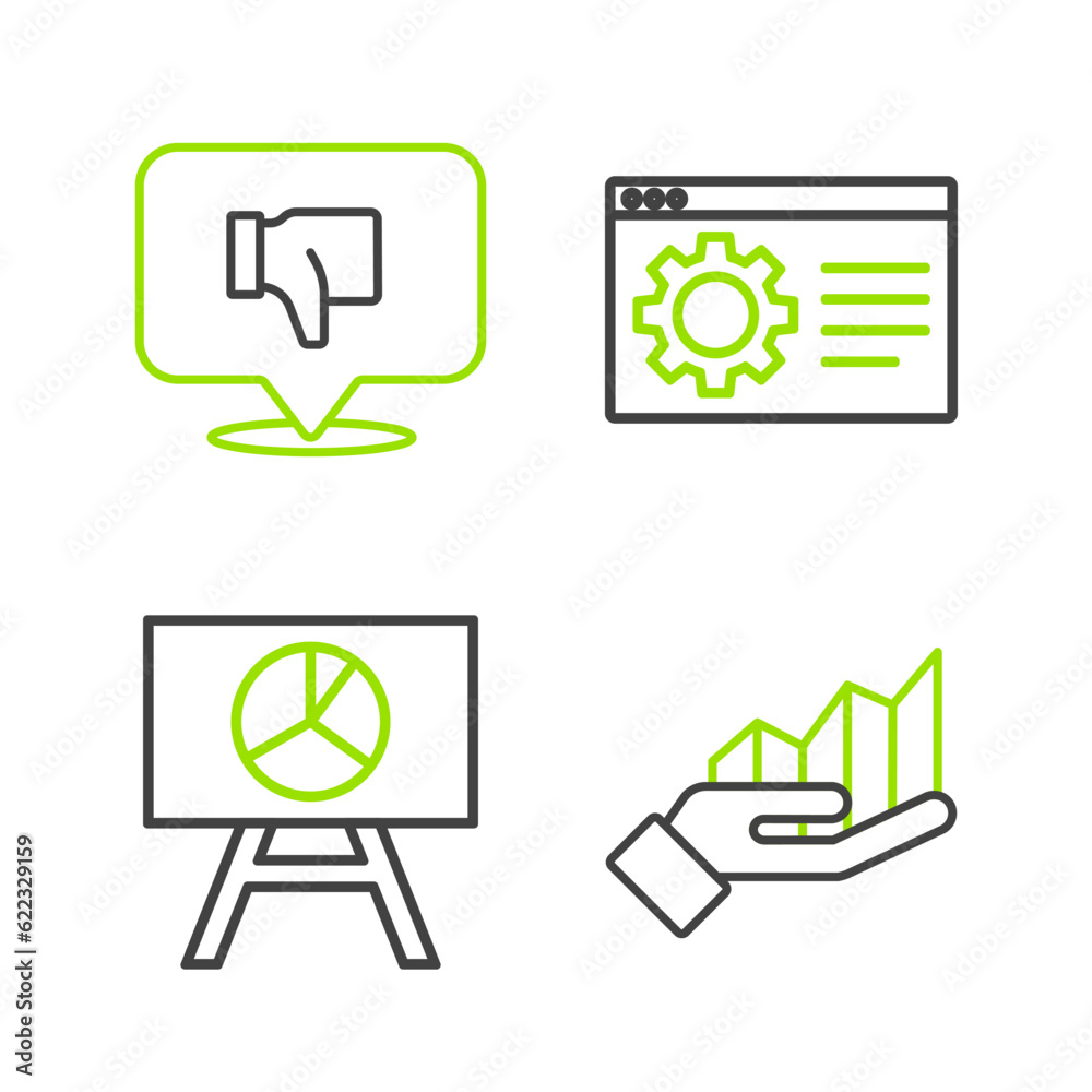 Set line Pie chart infographic, Board with, Browser setting and Dislike speech bubble icon. Vector Set line Pie chart infographic, Board with, Browser setting and Dislike speech bubble icon. Vector