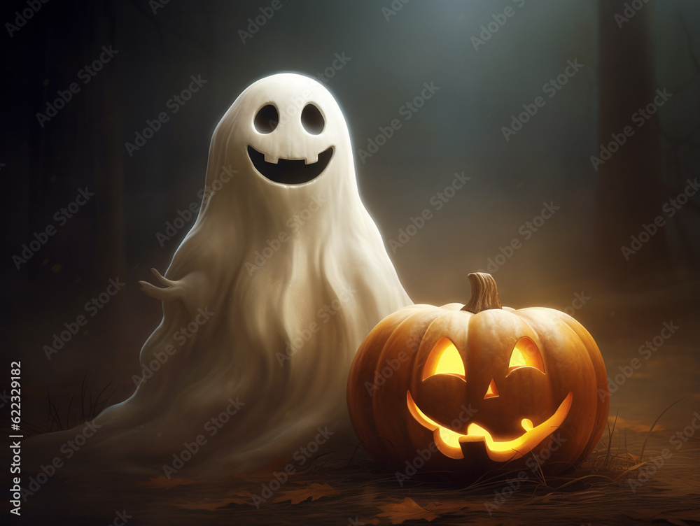 A white scary smiling ghost and an orange Halloween pumpkin on a dark background, Generative AI, generative artificial intelligence A white scary smiling ghost and an orange Halloween pumpkin on a dark background, Generative AI, generative artificial intelligence