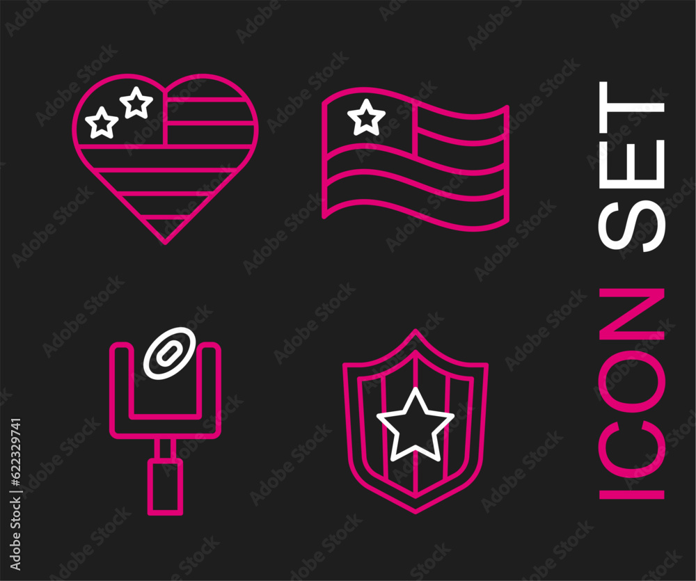 Set line Shield with stars, American football goal post, flag and USA Independence day icon. Vector