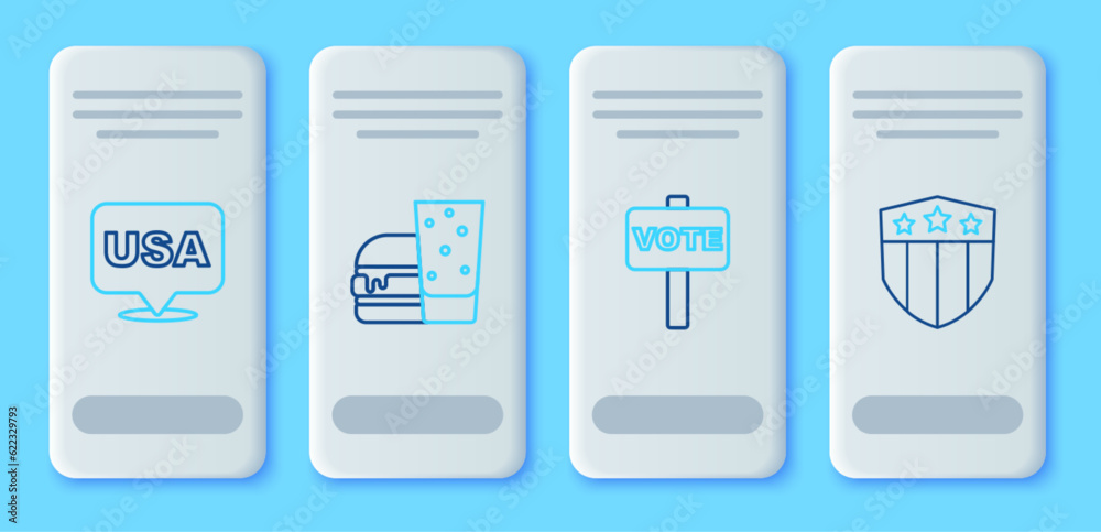 Set line Burger, Vote, USA Independence day and Shield with stars icon. Vector