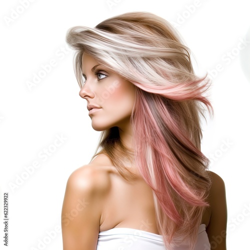 Gorgeous woman with colorful highlights in her hair. Great for articles about beauty, hair fashion, salon, cosmetics, skin care, hair care, hair products, fashion, trends, grooming etc.