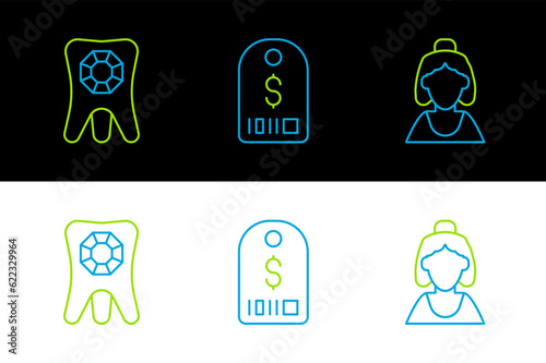 Set line Consultant of jewelry store, Tooth with diamond and Price tag dollar icon. Vector