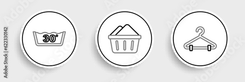 Set line Hanger wardrobe, Temperature wash and Basin with soap suds icon. Vector