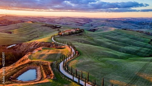 The hills of Tuscany near Siena, with a road of cypress trees