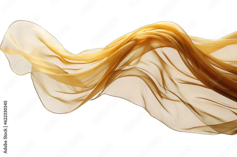 Silk scarf flying in the wind. Waving yellow satin cloth isolated on