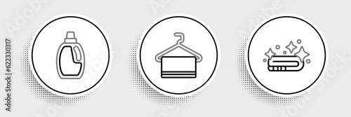 Set line Towel stack, Bottle for cleaning agent and on hanger icon. Vector