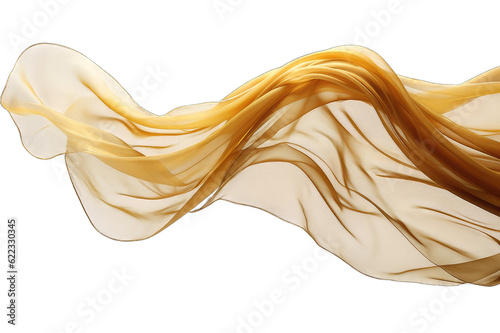 Silk scarf flying in the wind. Waving yellow satin cloth isolated on transparent background