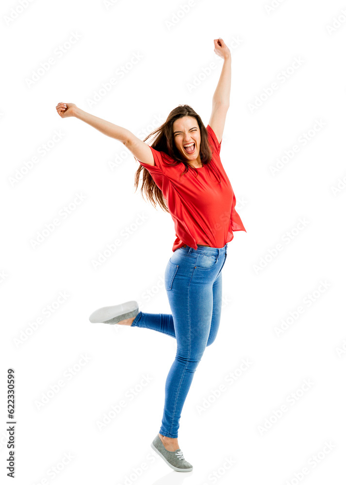 Lovely happy woman jumping of joy Lovely happy woman jumping of joy