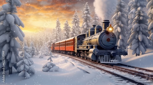 Leinwand Poster steam train in the snow