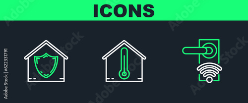 Set line Digital door lock with wireless technology for unlock, House under protection and temperature icon. Vector