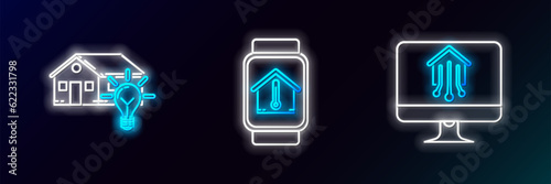 Set line Computer monitor with smart home, Smart house and light bulb and watch temperature icon. Glowing neon. Vector