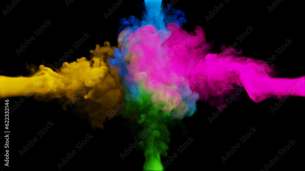 Clubs of multi-colored smoke collide from four sides on a black background. 3d illustration.