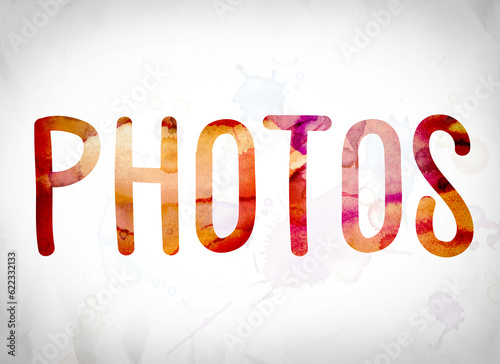 The word "Photos" written in watercolor washes over a white paper background concept and theme.