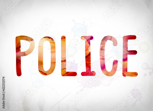 The word "Police" written in watercolor washes over a white paper background concept and theme.
