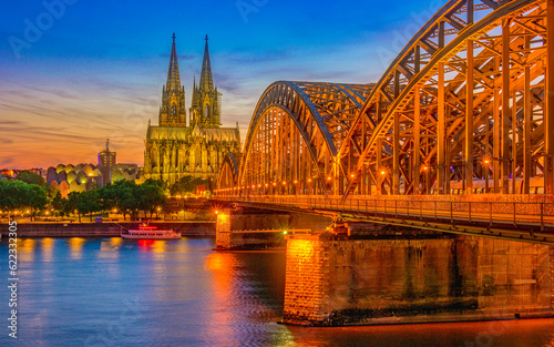 Cologne Koln Germany during sunset  Cologne bridge with the cathedral. beautiful sunset at the Rhine river