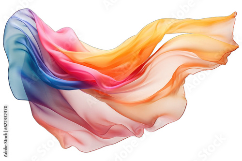 Silk scarf flying in the wind. Waving colorful satin cloth isolated on transparent background
