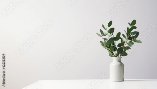 Minimal eucalyptus plant in vase on the table with white wall mockup background, home interior concept