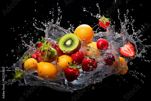 Different fruits in splashes of water. Generative AI