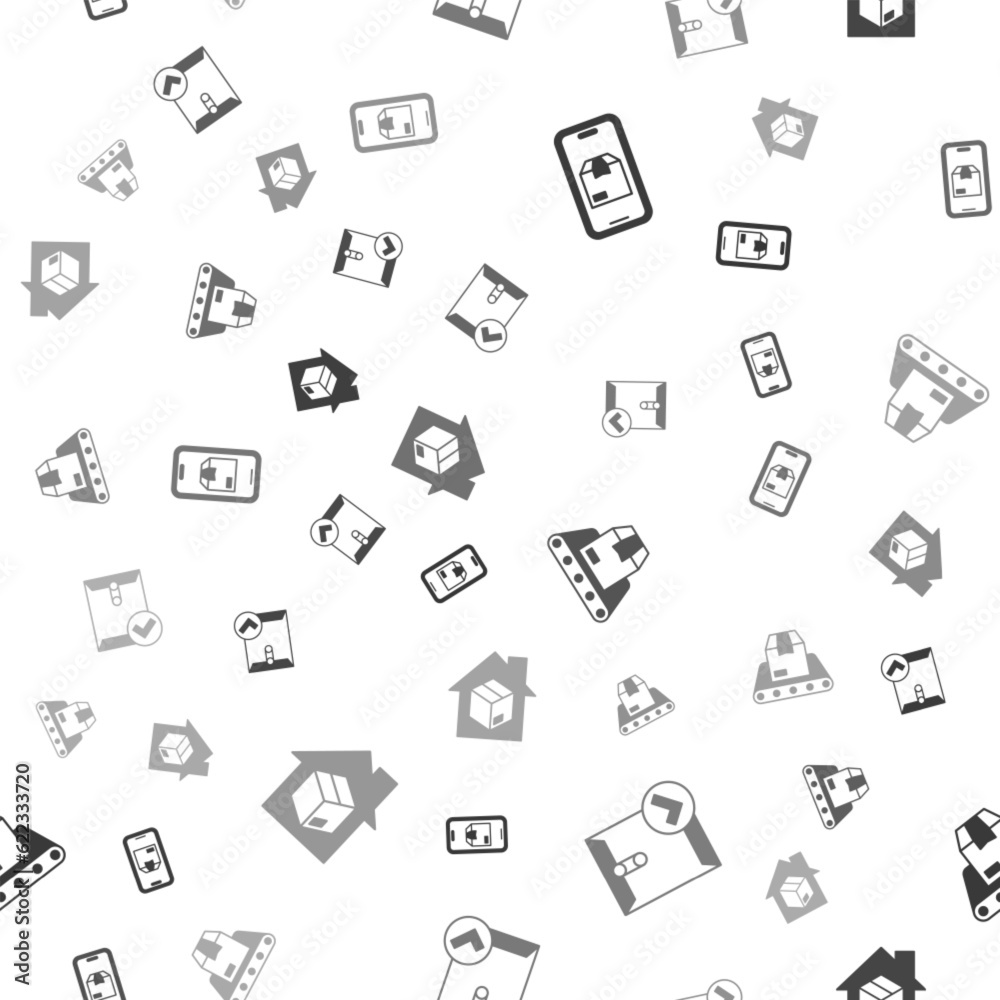 Set Mobile app delivery tracking, Envelope and check mark, Conveyor belt with box and Home services on seamless pattern. Vector Set Mobile app delivery tracking, Envelope and check mark, Conveyor belt with box and Home services on seamless pattern. Vector