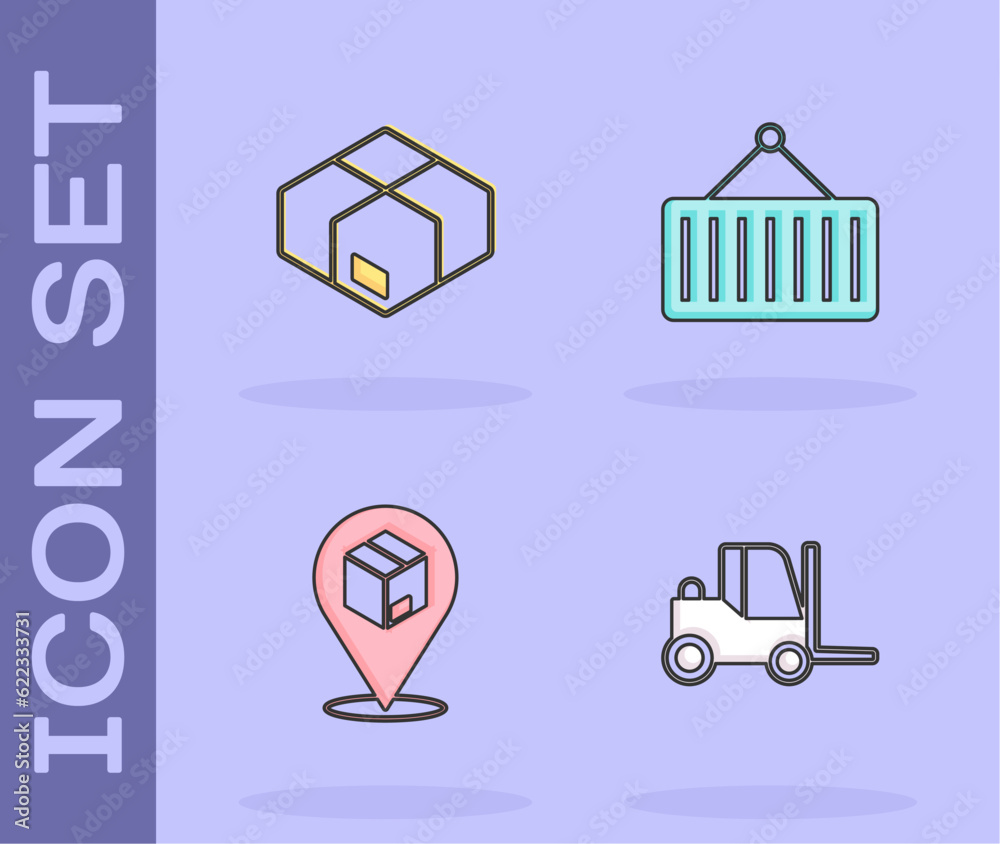 Set Forklift truck, Carton cardboard box, Location with and Container crane icon. Vector Set Forklift truck, Carton cardboard box, Location with and Container crane icon. Vector