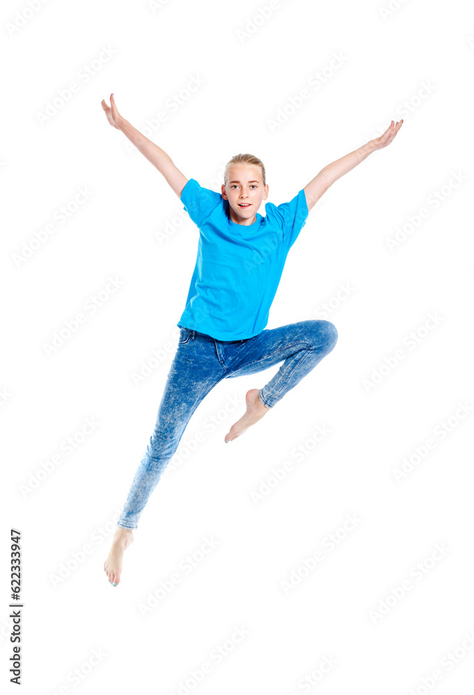 Young Girl with Blond Hair Jumping in the Air