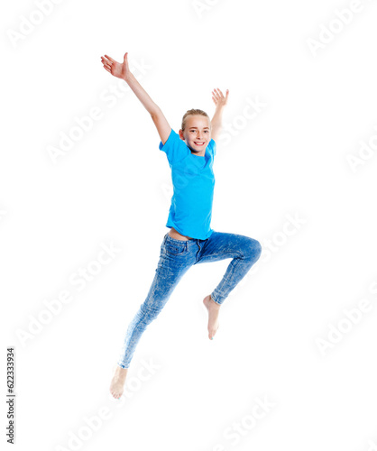 Young Girl with Blond Hair Jumping in the Air