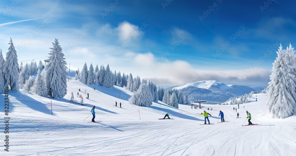 snow covered mountains with ski slope. ai generative.
