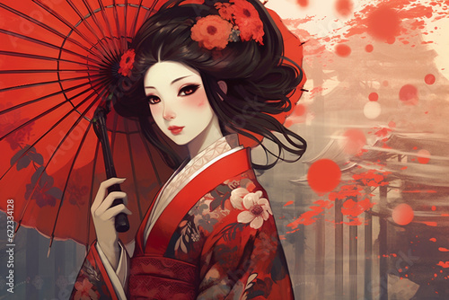 Generative ai. Attractive geisha in black kimono with flowers.