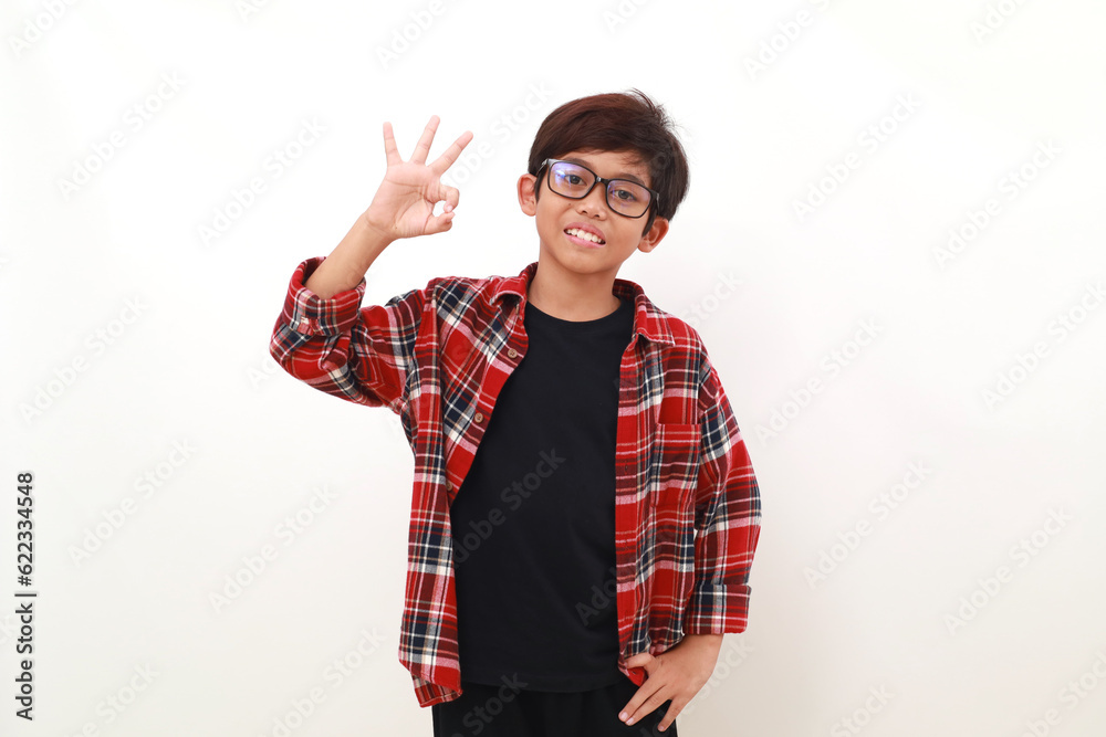 Happy asian boy standing while showing okay hand gesture. Isolated on white Happy asian boy standing while showing okay hand gesture. Isolated on white