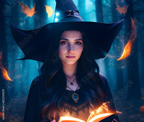 Foto Portrait de sorcière d'Halloween lisant un livre de magie,sur fond de forêt magique sombre et effrayante