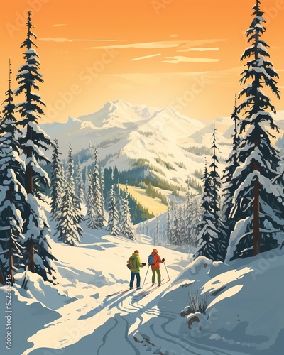 winter landscape with mountains and people skiing. AI generative