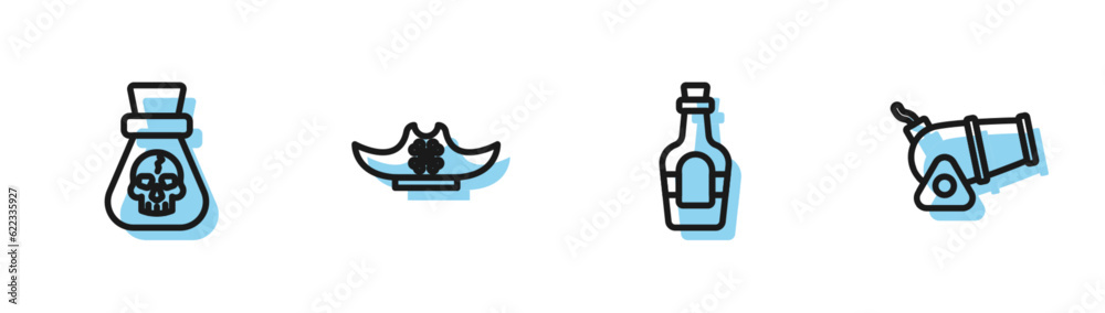 Set line Alcohol drink Rum, Pirate coin, hat and Cannon icon. Vector Set line Alcohol drink Rum, Pirate coin, hat and Cannon icon. Vector