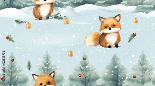 pattern seamless  fox in the snow  decorated pines  christmas atmosphere