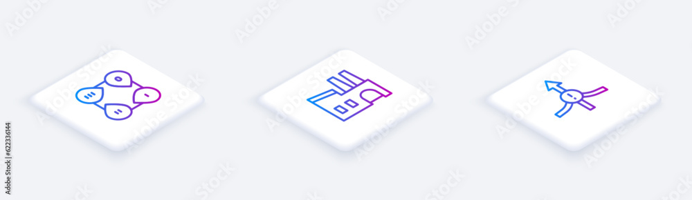 Set Isometric line Infographic element, Factory and Arrow. White square button. Vector Set Isometric line Infographic element, Factory and Arrow. White square button. Vector